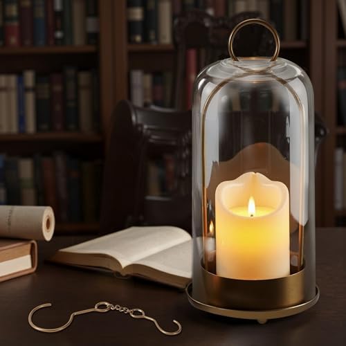 Hurricane Glass Candle Holder, Large Brass Lanterns Hurricane Candlestick Holder for Pillar Candles Vintage, Gold Metal Rustic Farmhouse Decor with Hook Chains - Image 2