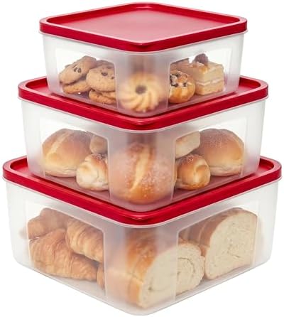 Plastic Food Storage Containers with Lids Airtight - Large Meal Prep Containers Reusable for Freezer - Bread Box for Cookies, Sandwich, Cake & Muffin, Leak-Proof & Stackable, Square, 3 Pcs by REDANT