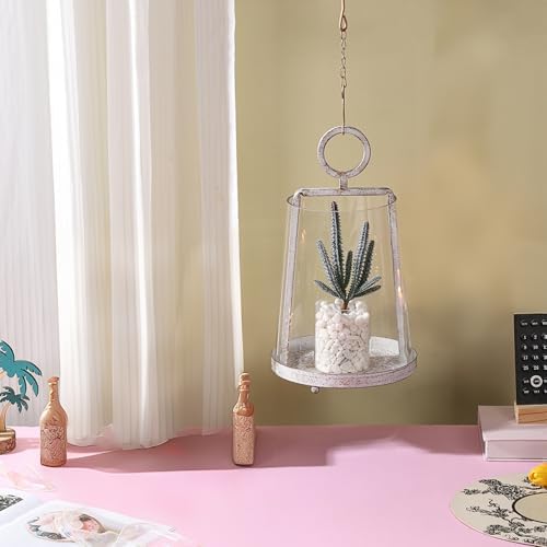 9" Wide Modern Farmhouse Metal Hurricane Candle Holder with Handmade Sturdy Glass Sleeve in Vintage White for Pillar Candle & Plants, Glass Hurricane Lantern, Industrial, Minimalistic - Image 6