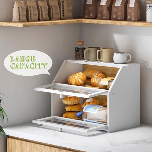 BMOSU Farmhouse Bread Box for Kitchen Countertop Bread box Double Layer Bamboo Wooden Extra Large Capacity Bin Kitchen Food Storage Container(White) - Image 6