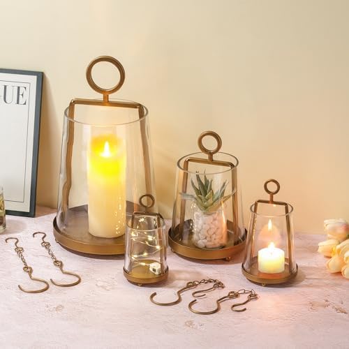 6" Wide Modern Farmhouse Metal Hurricane Candle Holder with Handmade Sturdy Glass Sleeve in Antique Brass for Pillar Candle & Plants, Glass Hurricane Lantern, Industrial, Minimalistic - Image 6