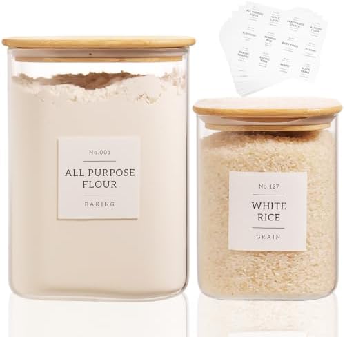 2 Pack large Square Glass Flour and Sugar Containers with 132 Kitchen Pantry Labels - 110 floz & 51 floz - Glass Jars with Airtight Bamboo Lid - Glass Rice Canisters for Coffee, Pasta, Cookie, Cereal by CZDYSM