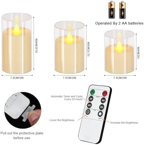 wemarry Flameless Candles 4" 5" 6" Acrylic Glass Pillars 3" Diameter Battery Operated Flickering Candles Include 8-Key Remote with Timer Function 400+ Hours (Pure White, Warm Light 12 Pack) - Image 6