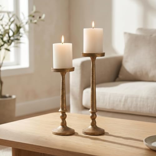 BANOMII Vintage Iron Pillar Candle Holders Set of 2, Antique Brass Gold - Image 5