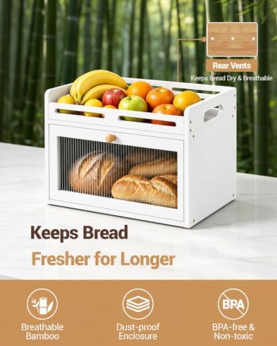 Bread Box for Kitchen Countertop, Bamboo Storage with Top Shelf, White - Image 5