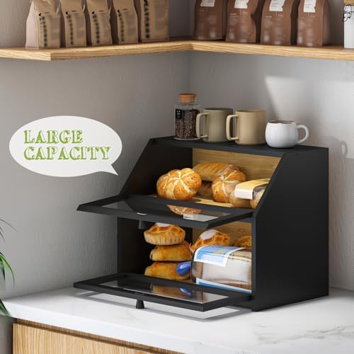 BMOSU Farmhouse Bread Box for Kitchen Countertop Bread box Double Layer Bamboo Wooden Extra Large Capacity Bin Kitchen Food Storage Container(Black) - Image 6