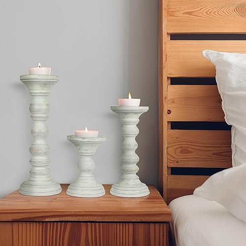Mela Artisans Willow Mango Wood Candle Holders - Cool Grey, Set of 3 - Image 5