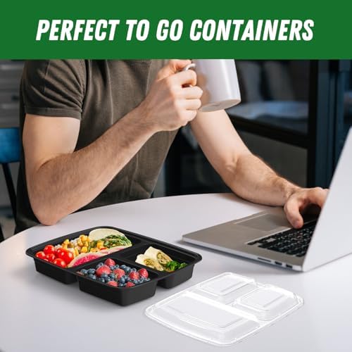 Dealusy 50 Pack 32 oz Meal Prep Containers with Lids 3-Compartment, Black - Image 7