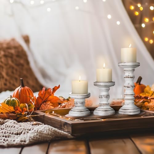 Candle Holder for Pillar Candle Set of 3, Farmhouse Wood Candle Holder, Rustic Wooden Candle Stand, Vintage Tall Candle Stand Decorative for Living Room, Table Centerpiece,White - Image 2