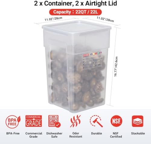 2 Pack 22 QT Commercial Airtight Food Storage Containers, BPA-Free Translucent Polypropylene, High-Capacity Bulk Ingredient Bin for Commercial Kitchens - Image 2