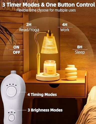 Candle Warmer Lamp for Jar Candles, Height Adjustable & Dimmable with 2/4/8H Timer, 2*50W Halogen Wax Melter Warmer for Home Office Décor, Flameless & Smokeless, Gift for Women Mom,Gold- Amber/1 Pack - Image 4