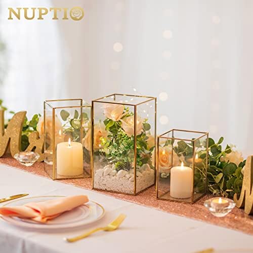 Nuptio Glass Hurricane Candle Holder Set of 18 Gold Pillar Candle Holders Large Rectangular Candleholder Table Centerpieces Decoration for Wedding Party Holiday Home Ornaments 9.5 & 8.1 & 6.5 inch - Image 3