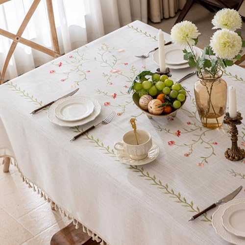 Joyfol Day Linen Spring Flowers Tablecloth with Tassels, Rustic Farmhouse Embroidery Waterproof Table Cloths for Rectangle Tables, Heavy Weight Spill-Proof Table Covers, Pink Florals, 55''x 102'' - Image 3