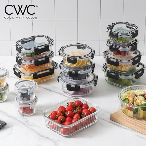 COOK WITH COLOR Premium 32-Pc. Borosilicate Glass Food Container Set with Dividers - 4 Rectangles, 8 Rounds, 4 Squares - Leakproof Lids - Meal Prep, Storage, Fluted Ombre Black - Image 6