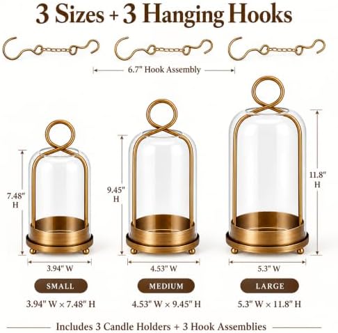 Hurricane Glass Candle Holders Set of 3, Gold Candle Lanterns with Hooks - Image 2