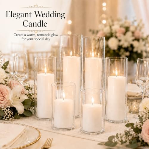 Set of 6 White Pillar Candles with Clear Glass Hurricane Holders- Elegant Cylinder Candle Vases for Weddings, Parties, Centerpieces, Home & Office Decor (White, 6 Set) - Image 4