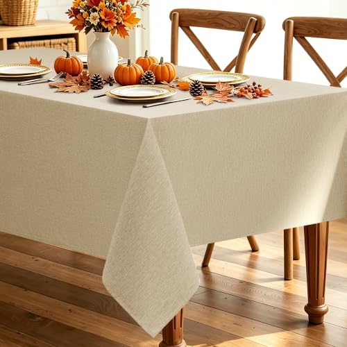 Decorelia Faux Linen Farmhouse Table Cloth 60"x104" for 6 ft Rectangle Table, Beige Waterproof Outdoor Washable Cloth Tablecloth for Rectangular Dining Room Kitchen Outdoor Party Restaurant Decor by Decorelia