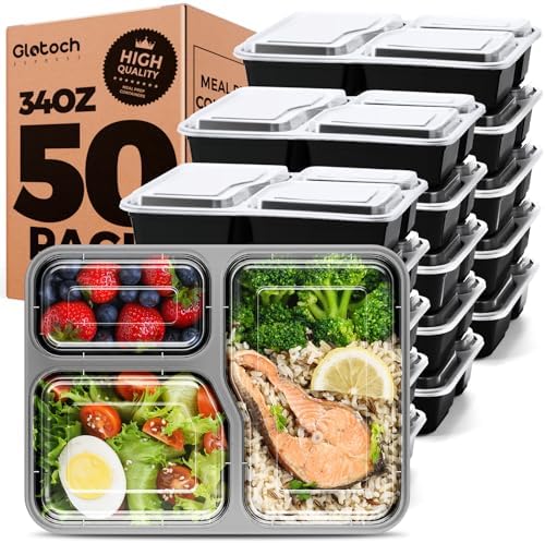 Glotoch 3-Compartment Meal Prep Containers with Lids, 34 oz, 50 Pack by GlotochExpress
