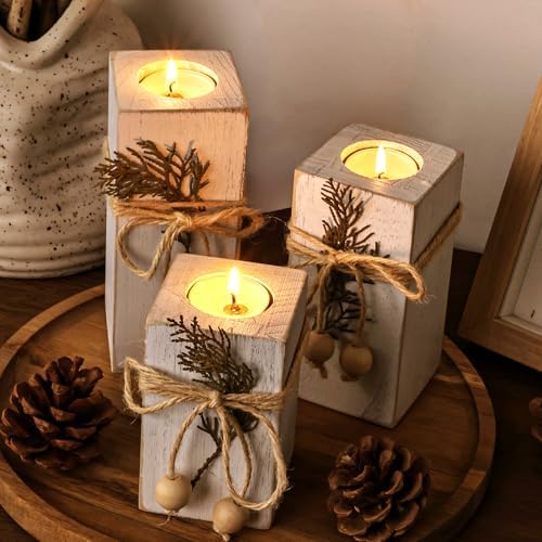 White Farmhouse Candle Holder with Flameless LED Candles Farmhouse Decor 3p - Image 7