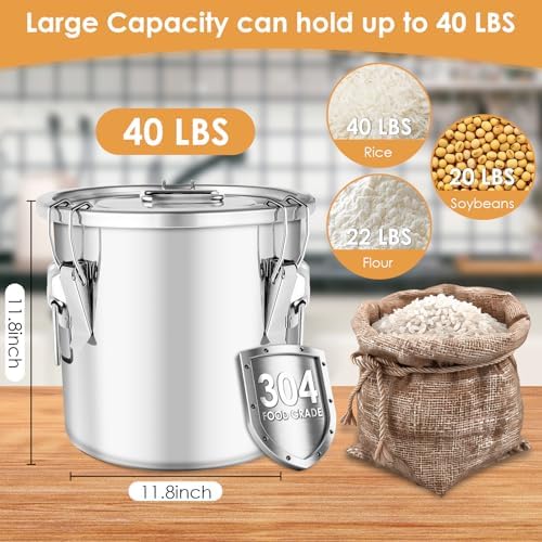 304 Stainless Steel Food Containers with Lids,21L/40LBS Airtight Food Storage Containers with Lock Clips for Flour Rice Sugar Coffee Bean,Stainless Steel Food Storage Containers for Kitchen - Image 2