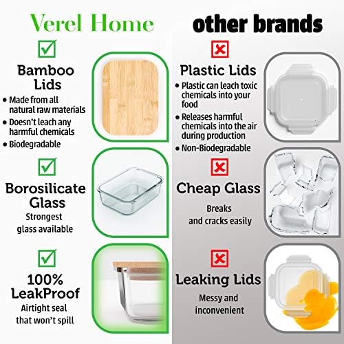 Verel Glass Food Storage Containers with Bamboo Lids (Assorted Sizes, 8 Pack) Eco Friendly Meal Prep Containers Airtight – Plastic Free, BPA Free - Image 4
