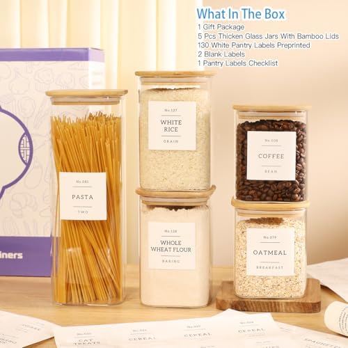 5 Pack Square Glass Pantry Storage Containers with 132 Kitchen Food Pantry Labels - Clear Glass Pantry Jars with Airtight Wood Bamboo Lids - Glass Canisters for Pasta, Cereal, Coffee, Flour, Sugar - Image 2