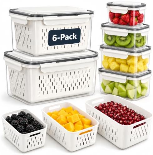 6 Pcs Large Fruit Storage Containers for Fridge Food Storage with Colanders by Unknown