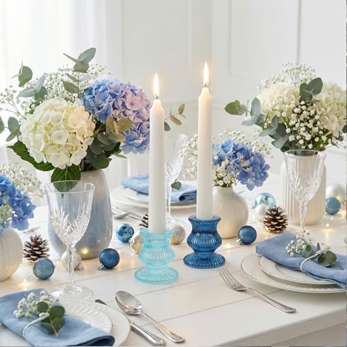 Blue Candlestick Holders 12 Pcs, Ribbed Taper Candle Holders for Table Centerpieces, Vintage Glass Candle Holders Bulk for Wedding, Birthday, Baby Shower Decoration - Image 5