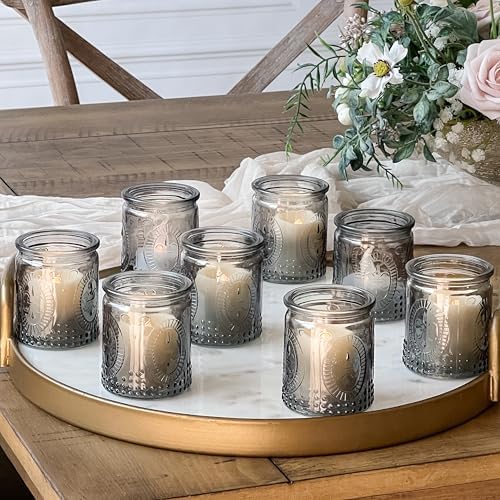 Kate Aspen Smoke Gray Vintage Glass Tealight Votive Candle Holders with Fleur-de-lis Design, Set of 8 - Perfect for Farmhouse Room & Shelf Decor by KateAspen
