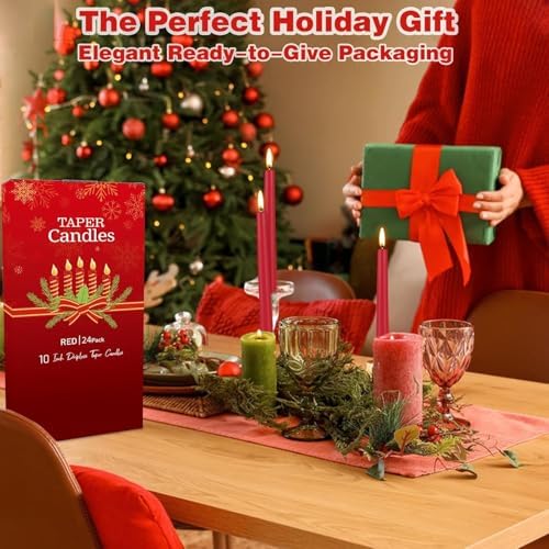 YOROXRG 24 Pack Red Taper Candles, 7-8 Hours Burn Time, Unscented, Smokeless and Dripless, 0.75 x 10 Inch Dinner Candle Set for Christmas,Household, Wedding, Party and Home Décor Candlesticks - Image 6