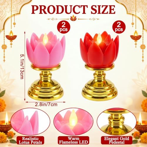 VIHOSE 4 Pcs Diwali Lotus Flower LED Lights, Lotus Candle Holders - Image 2