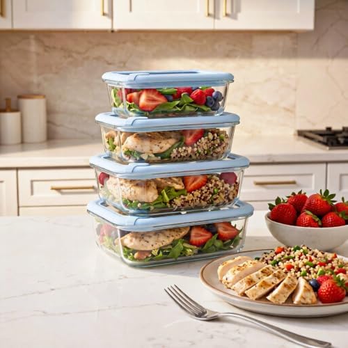 Glass Food Storage Containers with Glass Lids, 4 Pack Meal Prep Container Set with Airtight Silicone Seal & Air Vent, Leakproof Borosilicate Leftover Storage Bowls, Microwave & Dishwasher Safe - Image 3