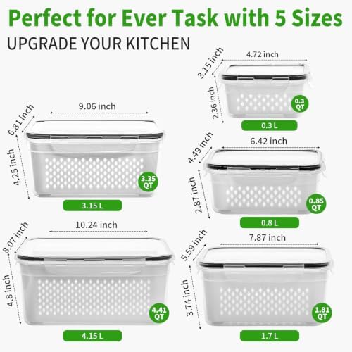 PRAKI Fruit Storage Containers for Fridge with Removable Colander, 5-Pack - Image 3