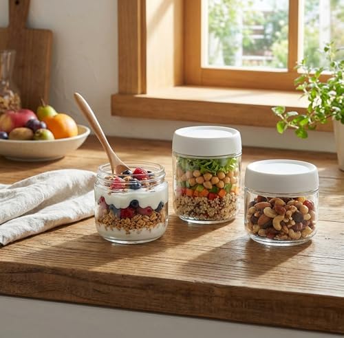 Glass Jar with Scew Lid, Overnight Oats Jars, Condiment Salad Dressing Sauce Meal Prep Containers, 10oz Wide Mouth Food Jars for Baby Food Snacks Sugar Spice, Glass Food Storage Containers Airtight - Image 3
