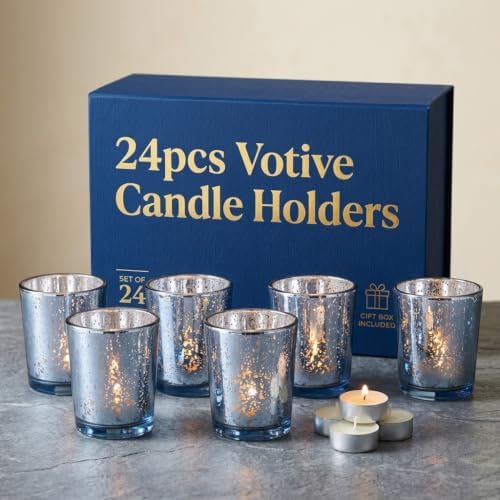 LETINE 24pcs Blue Votive Candle Holders – Glass Tea Light Candles Holder, Standard Votive Size for Regular Votive Candles – Bulk Candle Holder for Summer Weddings, Waterfront Venues, Home Decor by LETINE