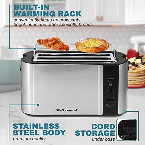 Elite Gourmet ECT-3100 Long Slot 4 Slice Toaster, Reheat, 6 Toast Settings, Defrost, Cancel Functions, Built-in Warming Rack, Extra Wide Slots for Bagels Waffles, Stainless Steel & Black - Image 5