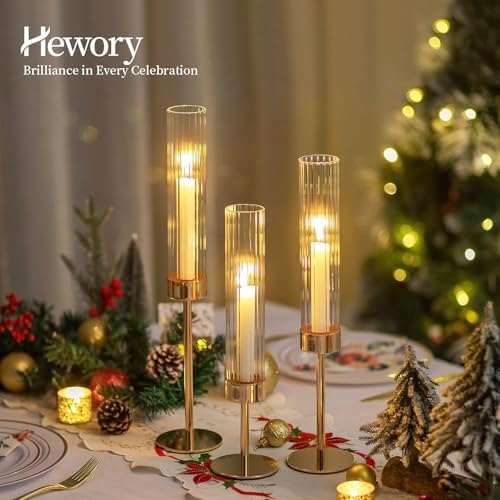 Hewory Gold Taper Candle Holders: Candlestick Holders Set of 3 Hurricane Glass Tall Candle Holder for Candlesticks Candle Sticks Holder Decor for Table Centerpiece Wedding Party Christmas Decorations - Image 4