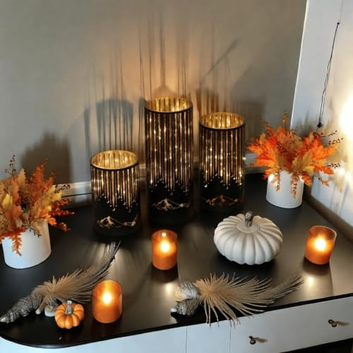 Starry Night Elegant Hurricane Candleholders with LED Flickering Lights & Remote Timer, Decorative Glass Hurricanes for Indoor Table Centerpieces & Year-Round Home Decor, Set of 3 (Black) - Image 4
