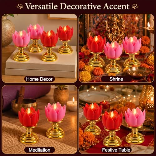 VIHOSE 4 Pcs Diwali Lotus Flower LED Lights, Lotus Candle Holders - Image 6