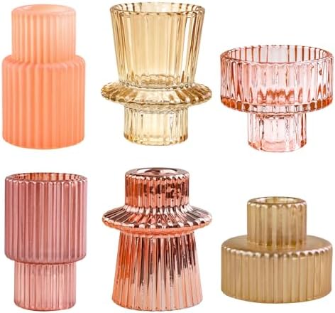 Pink Candlestick Holders 6PCS for Tealight Candle Stick Candles, Ribbed Glass Taper Candle Holders Set, Table Centerpieces for Weddings Christmas Home Decor Indoor and Outdoor by Unknown