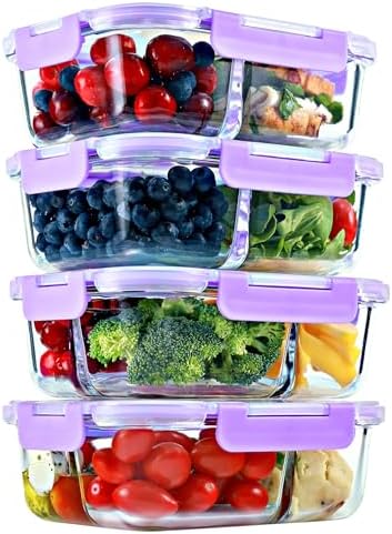 Glass Meal Prep Containers 2 & 3 Compartments with Lids 4 Pack 32 oz by FITSTRONGHEALTHY