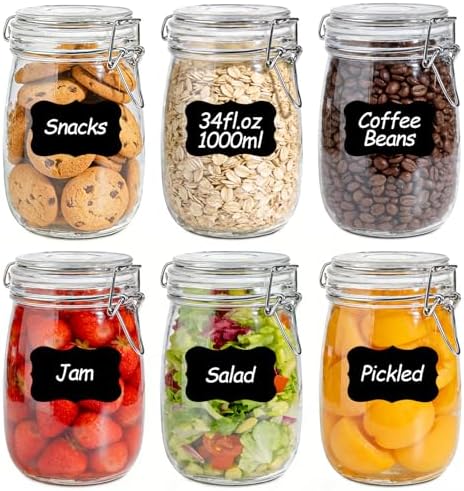 Glass Jars with Airtight Lids 34 oz 6 Pack Food Storage Pantry Round by KTMAMA
