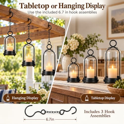 Hurricane Glass Candle Holders Set of 3, Metal Candle Lanterns with Hooks - Image 4