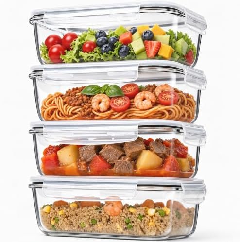 GEHE 4 Pack 52 oz Large Glass Food Storage Containers with Lids - Glass Meal Prep Containers For Baking, Storing, Airtight Lunch Container, Freezer, Dishwasher, Microwave and Oven Safe, BPA Free by GEHE