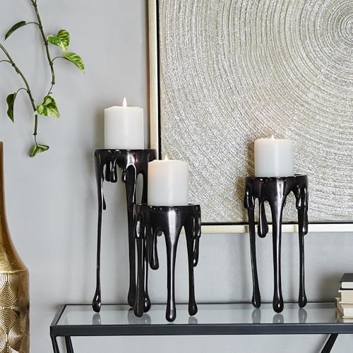CosmoLiving by Cosmopolitan Aluminum Metal Decorative Candle Holder Pillar Candle Stand with Dripping Melting Designed Legs, Set of 3 Candlestick Holder 12", 10", 8"H, Black - Image 3