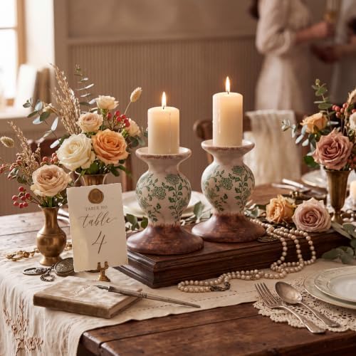 Patelai 2 Pcs Terracotta Pillar Candle Holders Floral Taper Candlestick - Image 5