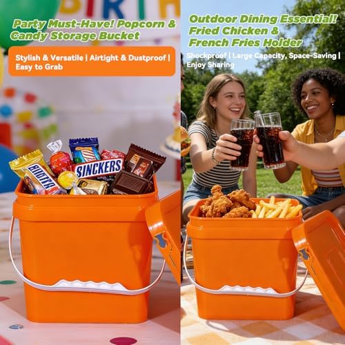 Food Storage Buckets with Lids - 4 Set Square Clear Plastic Containers, Airtight Pressure Seal & Handle for Kitchen Freezer Prep (Orange, 1 gal) - Image 3