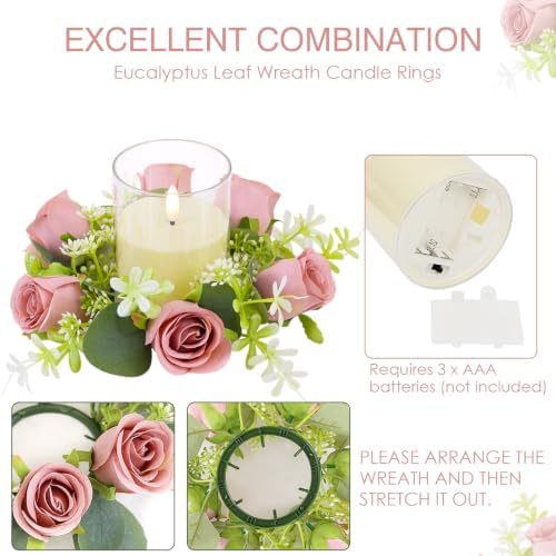 Dusty Pink Rose Candle Rings with Flameless Candles Sets - 12PCS Artificial Flower Eucalyptus Wedding Centerpiece 3 Inch Pillar Candleholders Wreaths for Wedding Party Decor (6 Sets) - Image 4