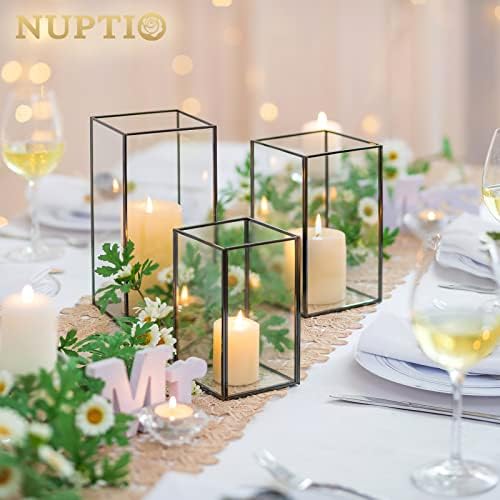 Nuptio Glass Hurricane Candle Holder for Pillar Candles 3 Pcs Black Metal Candle Holders Large Rectangular Candleholder Vase Centerpieces Decoration for Halloween Christmas Party 9.5 & 8.1 & 6.5 inch - Image 4