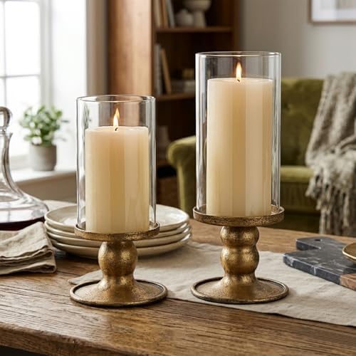 NITIME 2pcs Hurricane Candle Holder for Pillar Candles, Antique Brass Iron Candle Holders with Clear Glass Sleeve for Table Centerpieces, Pillar Candle Holders for Home, Wedding Decor - Image 3